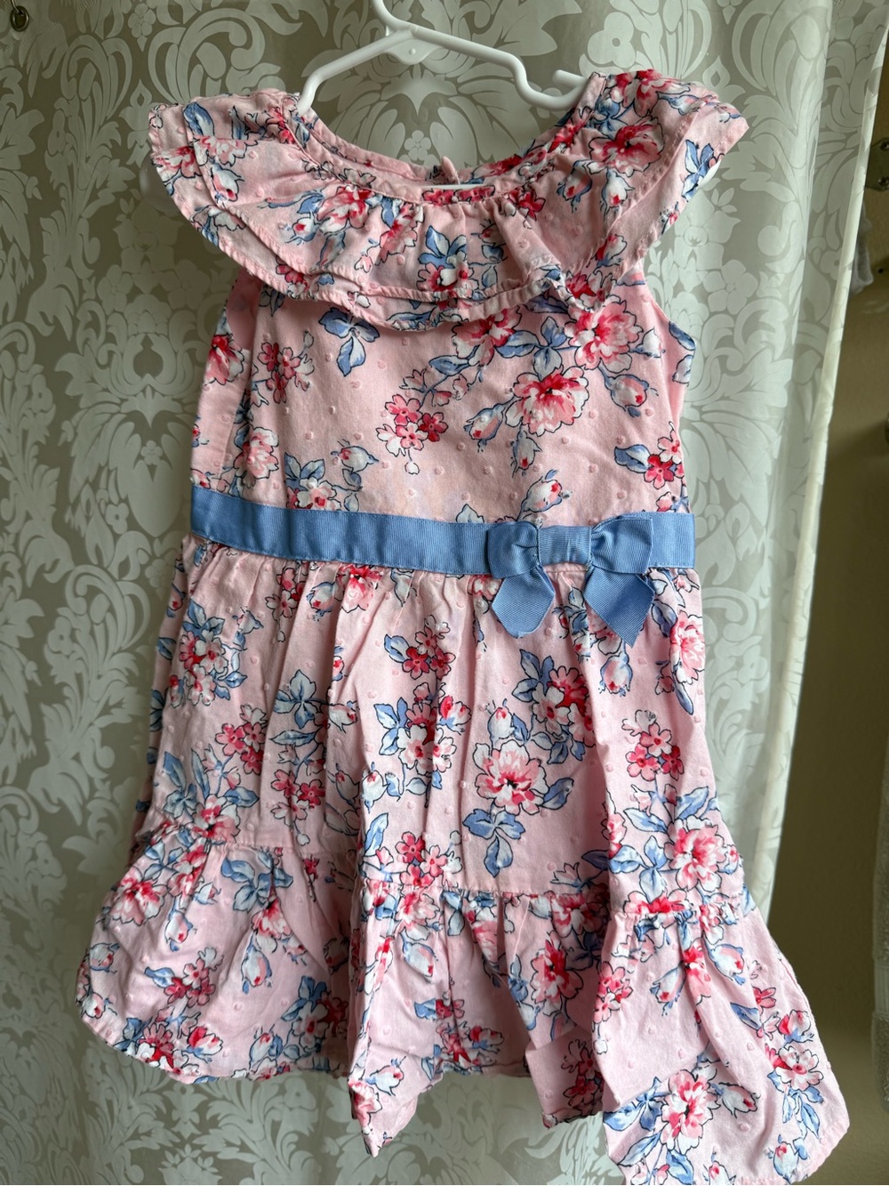 Janie and Jack Pink Floral Dress with Blue Waist Bow